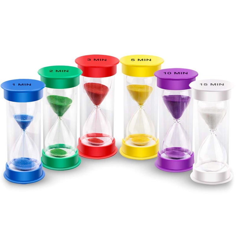 EMDMAK Sand Timer, Acrylic Hourglass Colorful Sandglass Timer 1 min/2 mins/3 mins/5 mins/10 mins/15 mins Sand Clock Timer for Games Classroom Home Office(Pack of 6) - Image 1